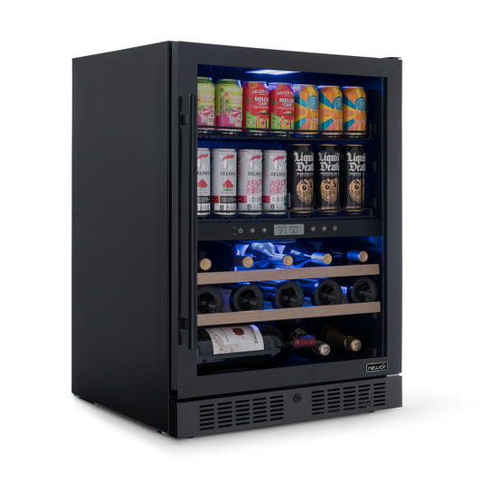 Newair 24” Wine and Beverage Refrigerator – 24 Bottles & 100 Cans, Dual Zone, Black Stainless Steel, Charcoal Filter, Soft-toned Door Alarm, Built-in Fridge, 37F-65F Digital Temperature Control, Removable & Adjustable Racks plus SplitShelf™ Wine Coolers    