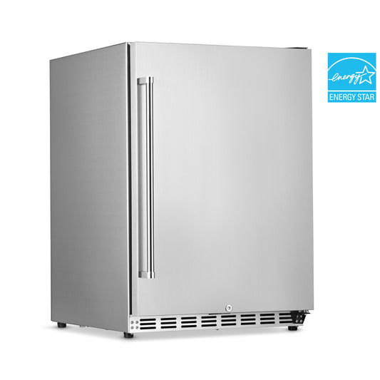 Newair 24” 5.3 Cu. Ft. Commercial Stainless Steel Built-in Beverage Refrigerator, Steel Interior, Weatherproof and Outdoor Rated, ENERGY STAR, Fingerprint Resistant and Self-Closing Door, Adjustable Shelving System, and Recessed Kickplate Beverage Fridge