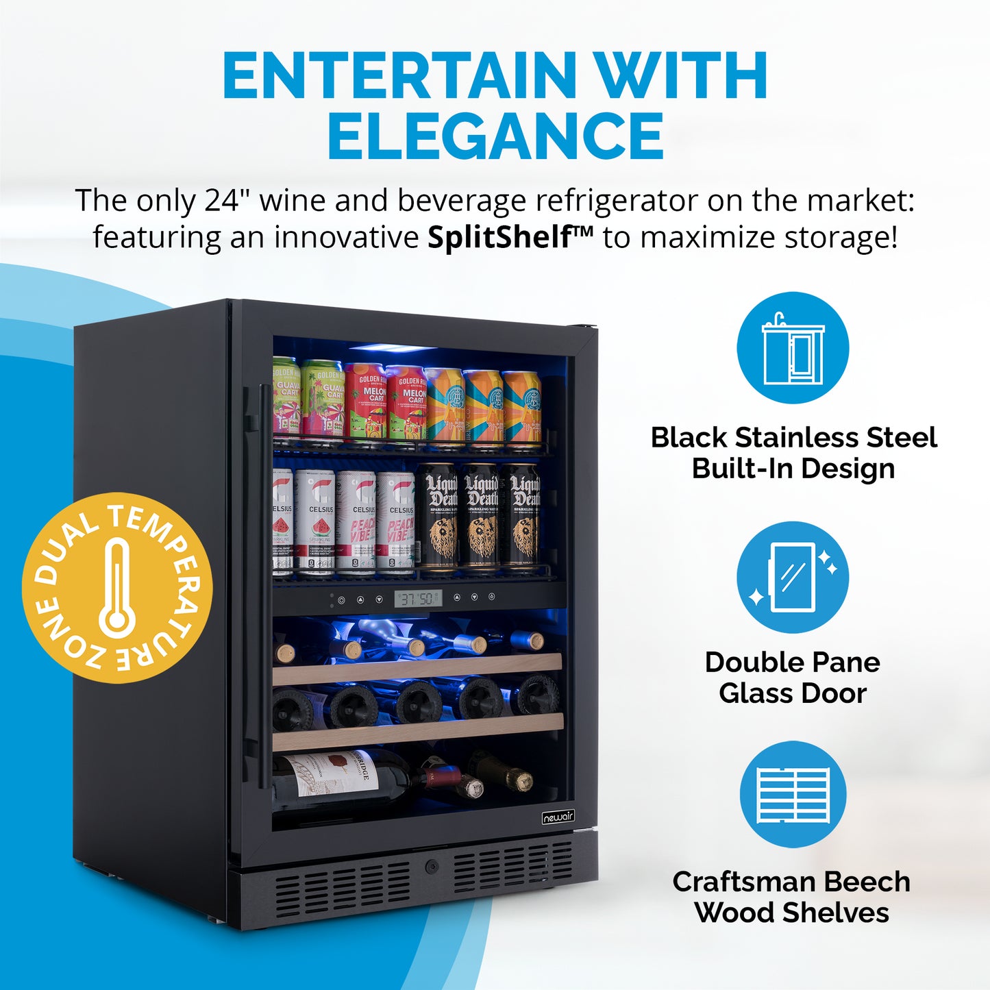 Newair® 100-Can, 24-Bottle Built-in Dual Zone Black Beverage Fridge - 24"