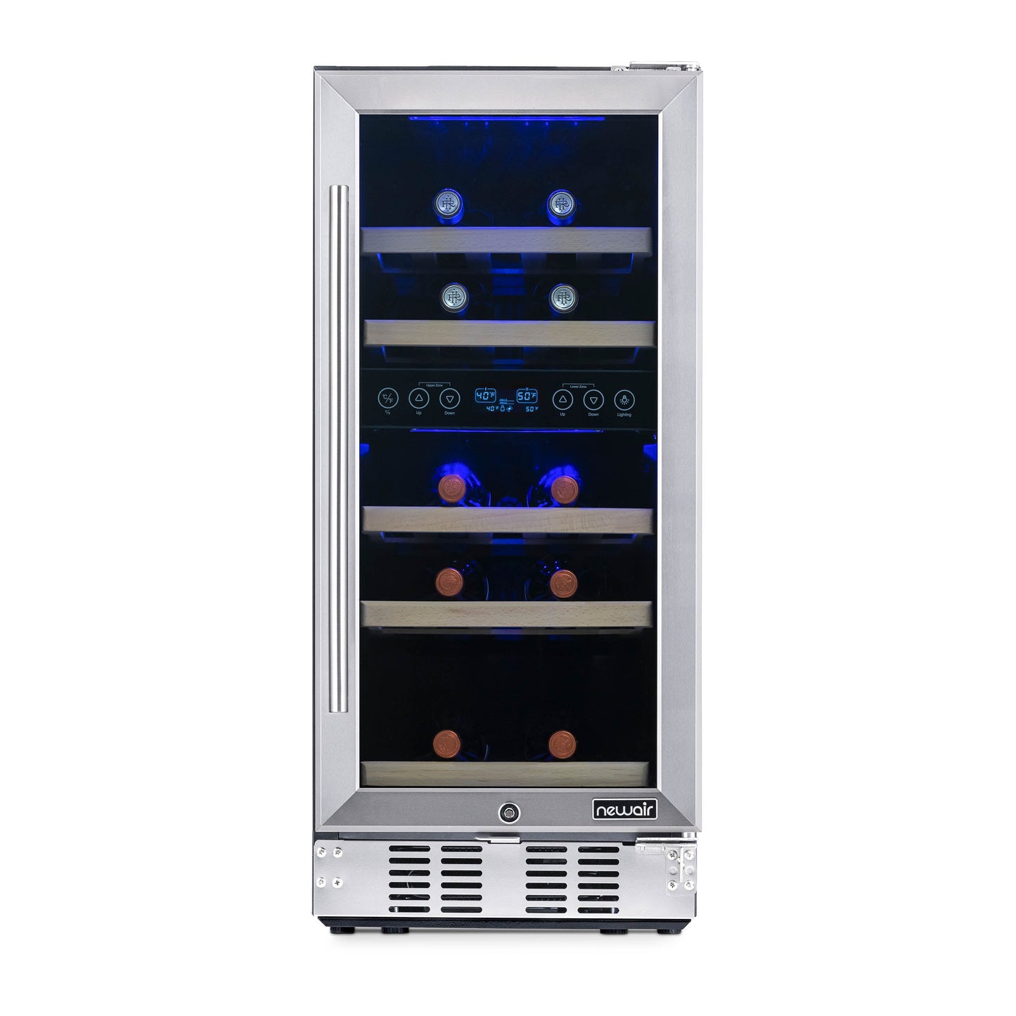 Newair 15” Built-in 29 Bottle Dual Zone Wine Fridge in Stainless Steel, Quiet Operation with Beech Wood Shelves Wine Coolers    ---  Recessed Kickplate