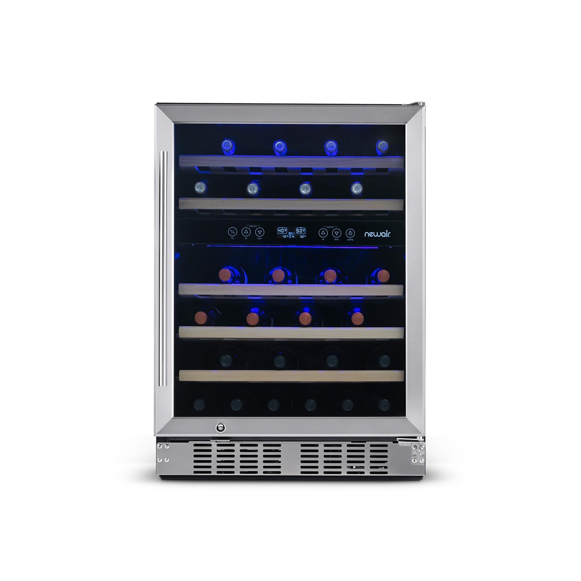 Newair  24” Built-in 46 Bottle Dual Zone Wine Fridge in Stainless Steel, Quiet Operation with Beech Wood Shelves Wine Coolers Yes --- Recessed Kickplate