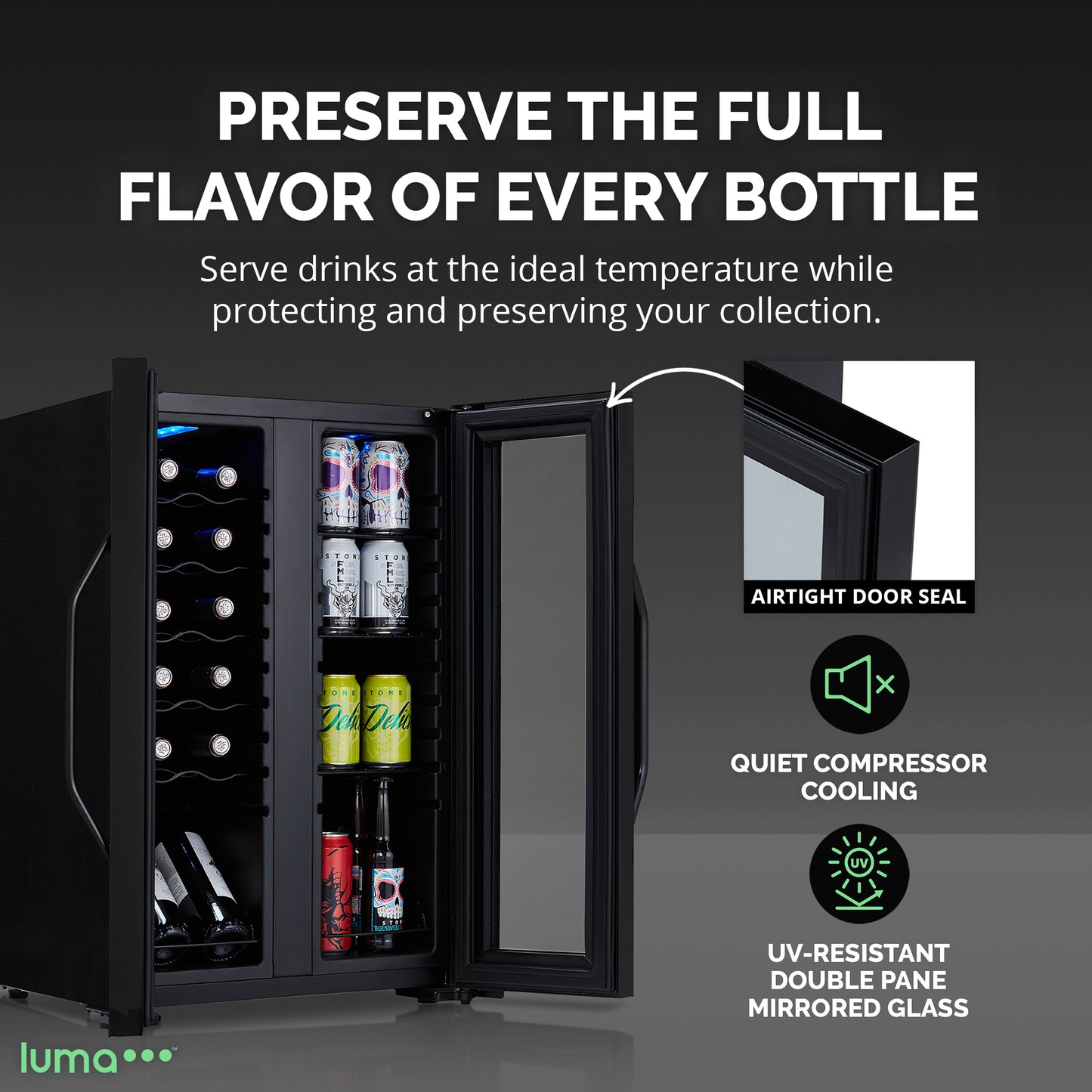 Luma Comfort 39-Can, 12-Bottle Freestanding Dual Zone Beverage Fridge - 20"