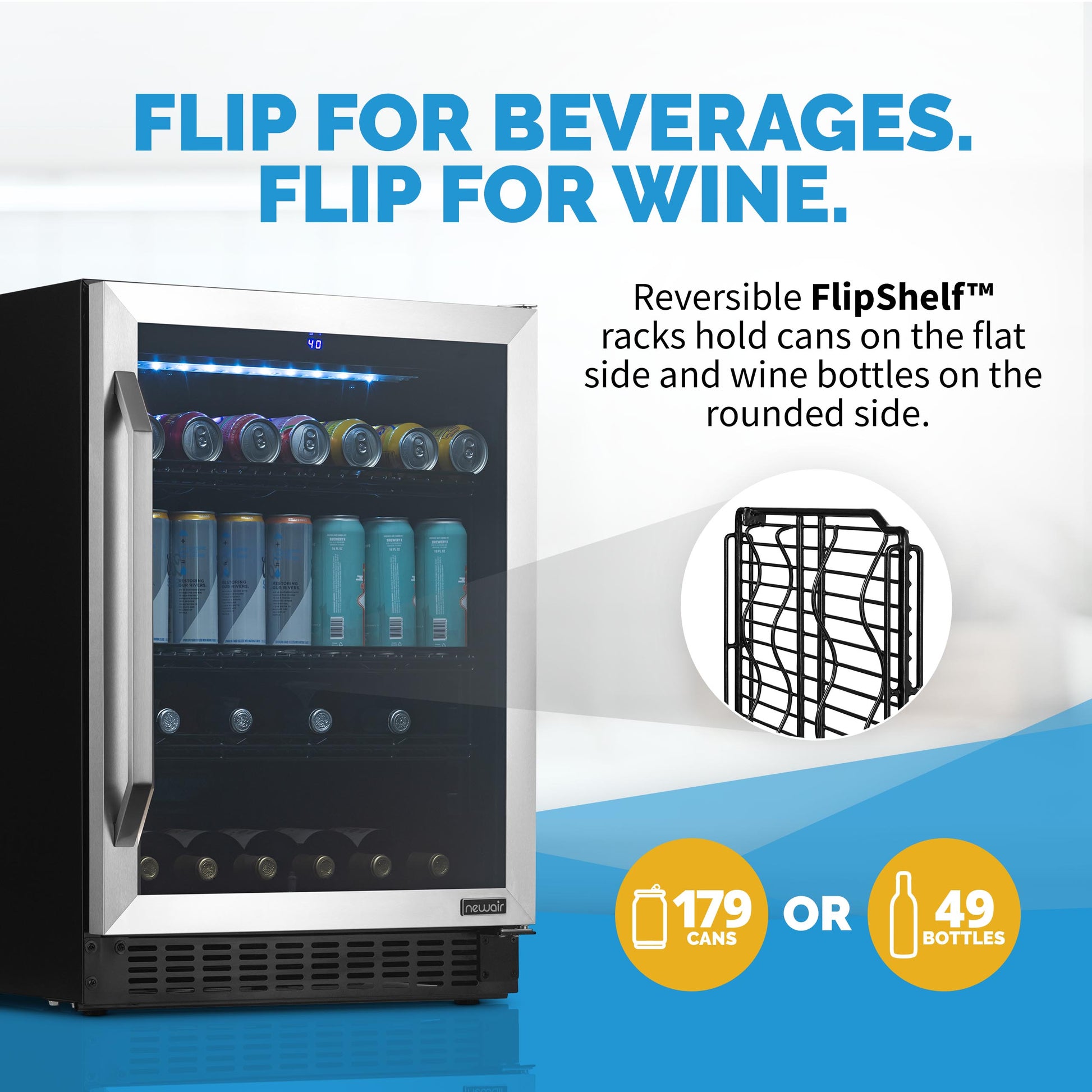 Newair FlipShelf™ 24" 179 Can or 49 Bottle, Built-in or Freestanding Wine and Beverage Fridge with Reversible Shelves Beverage Fridge    