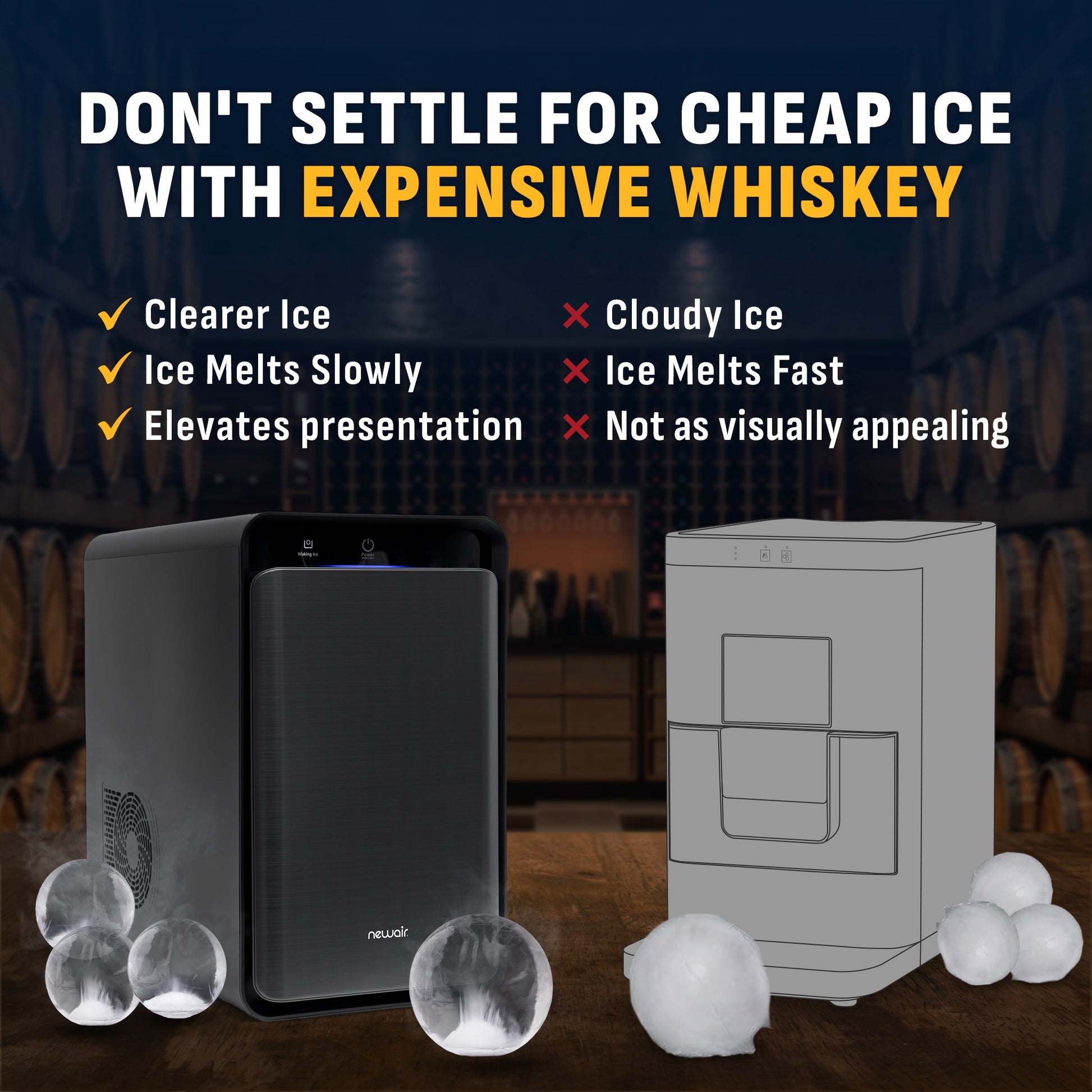 Show off differences between whiskey ice makers.