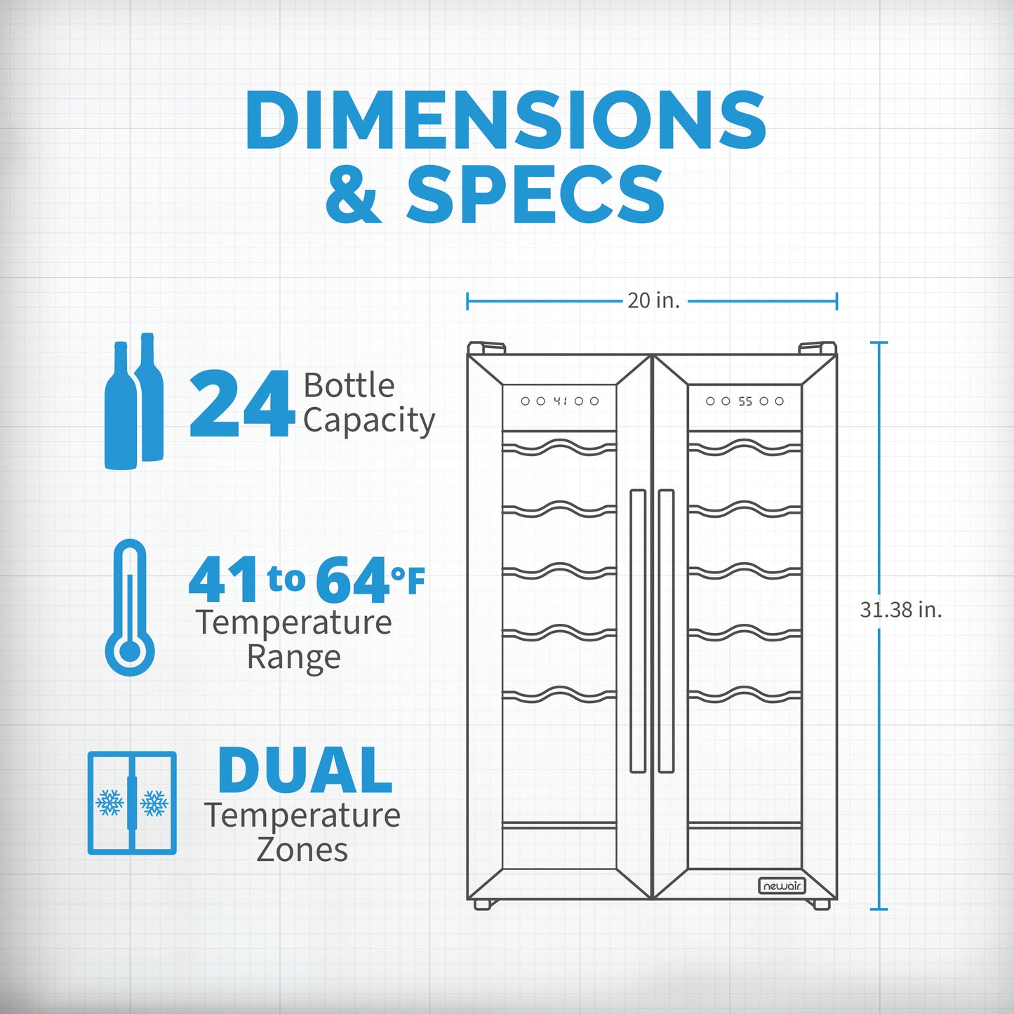 Newair® 24-Bottle 20" Stainless Steel Freestanding Dual Zone Wine Fridge