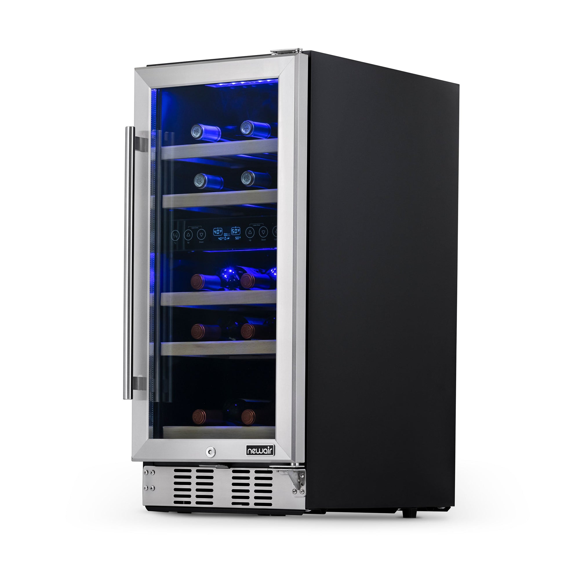 Newair 15” Built-in 29 Bottle Dual Zone Wine Fridge in Stainless Steel, Quiet Operation with Beech Wood Shelves Wine Coolers   ---  Recessed Kickplate