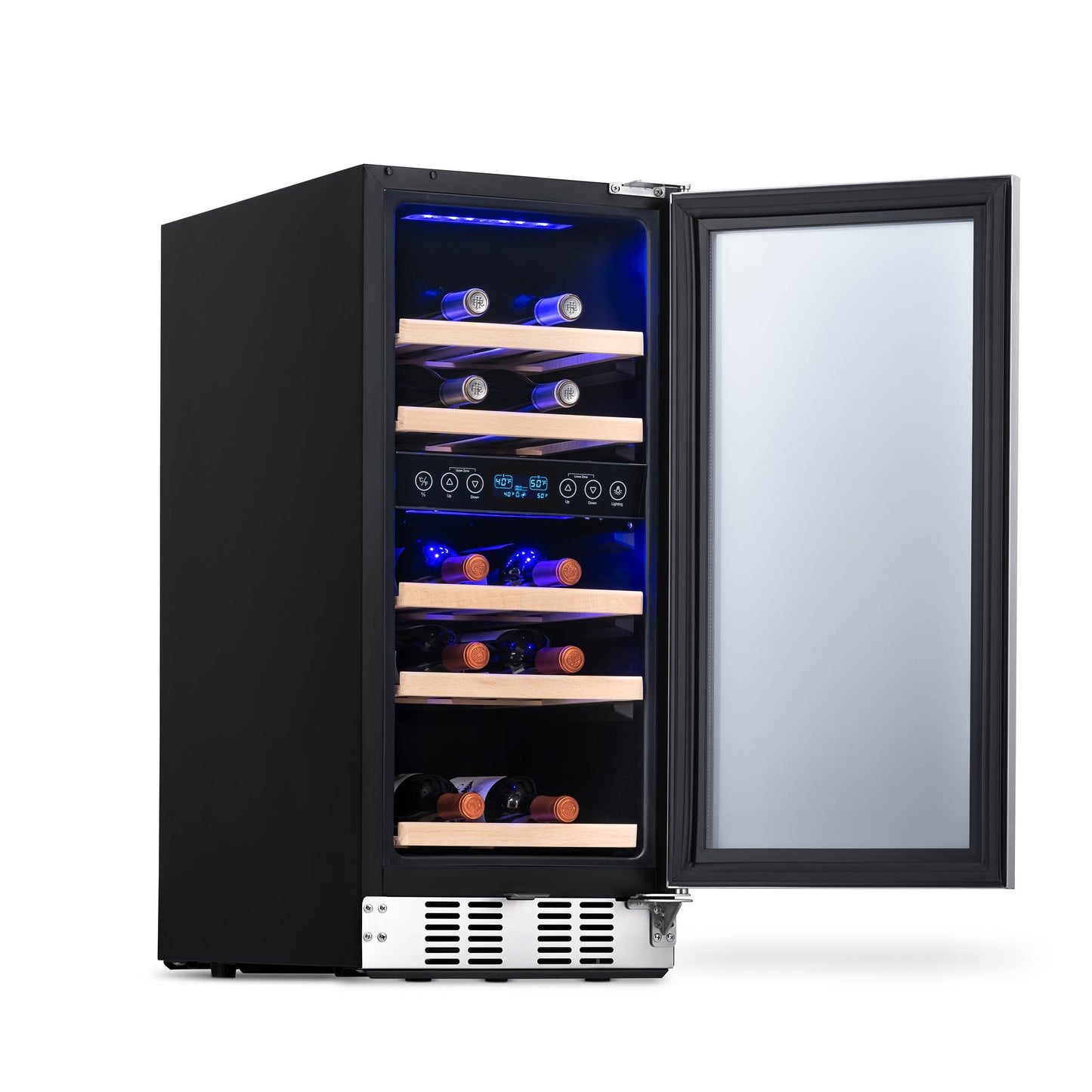 Newair 15” Built-in 29 Bottle Dual Zone Wine Fridge in Stainless Steel, Quiet Operation with Beech Wood Shelves Wine Coolers     ---  Recessed Kickplate