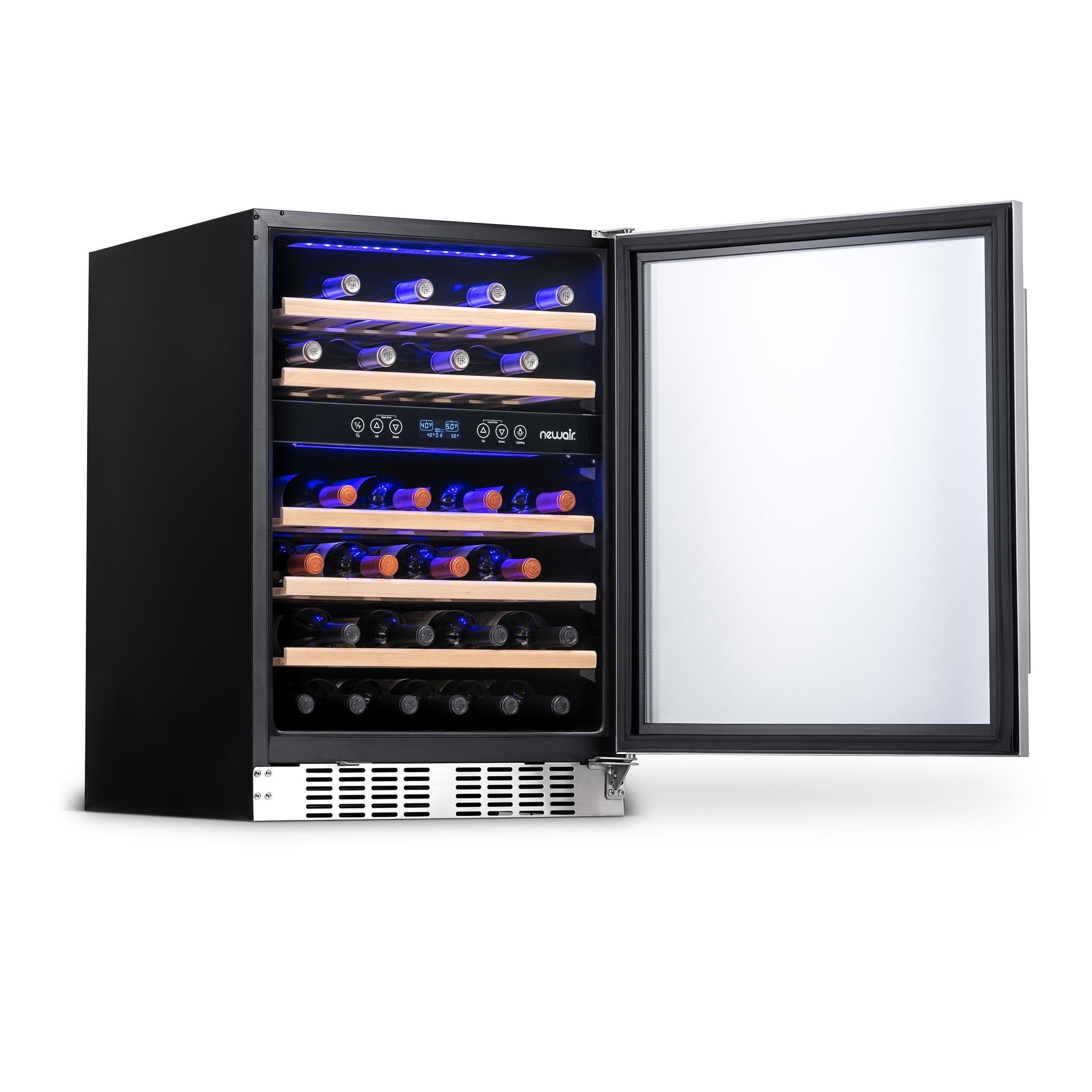 Newair  24” Built-in 46 Bottle Dual Zone Wine Fridge in Stainless Steel, Quiet Operation with Beech Wood Shelves Wine Coolers Yes --- Recessed Kickplate