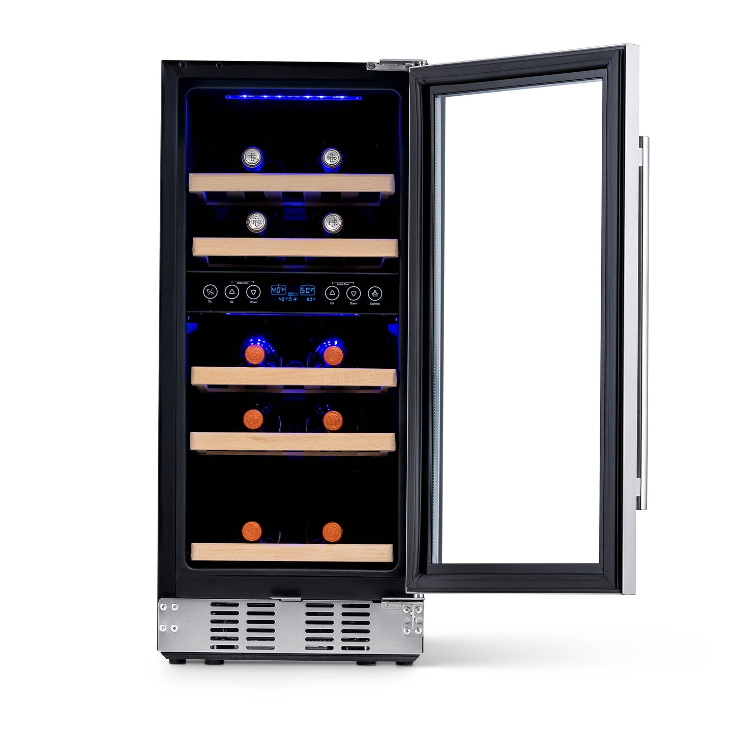 Newair 15” Built-in 29 Bottle Dual Zone Wine Fridge in Stainless Steel, Quiet Operation with Beech Wood Shelves Wine Coolers   ---  Recessed Kickplate