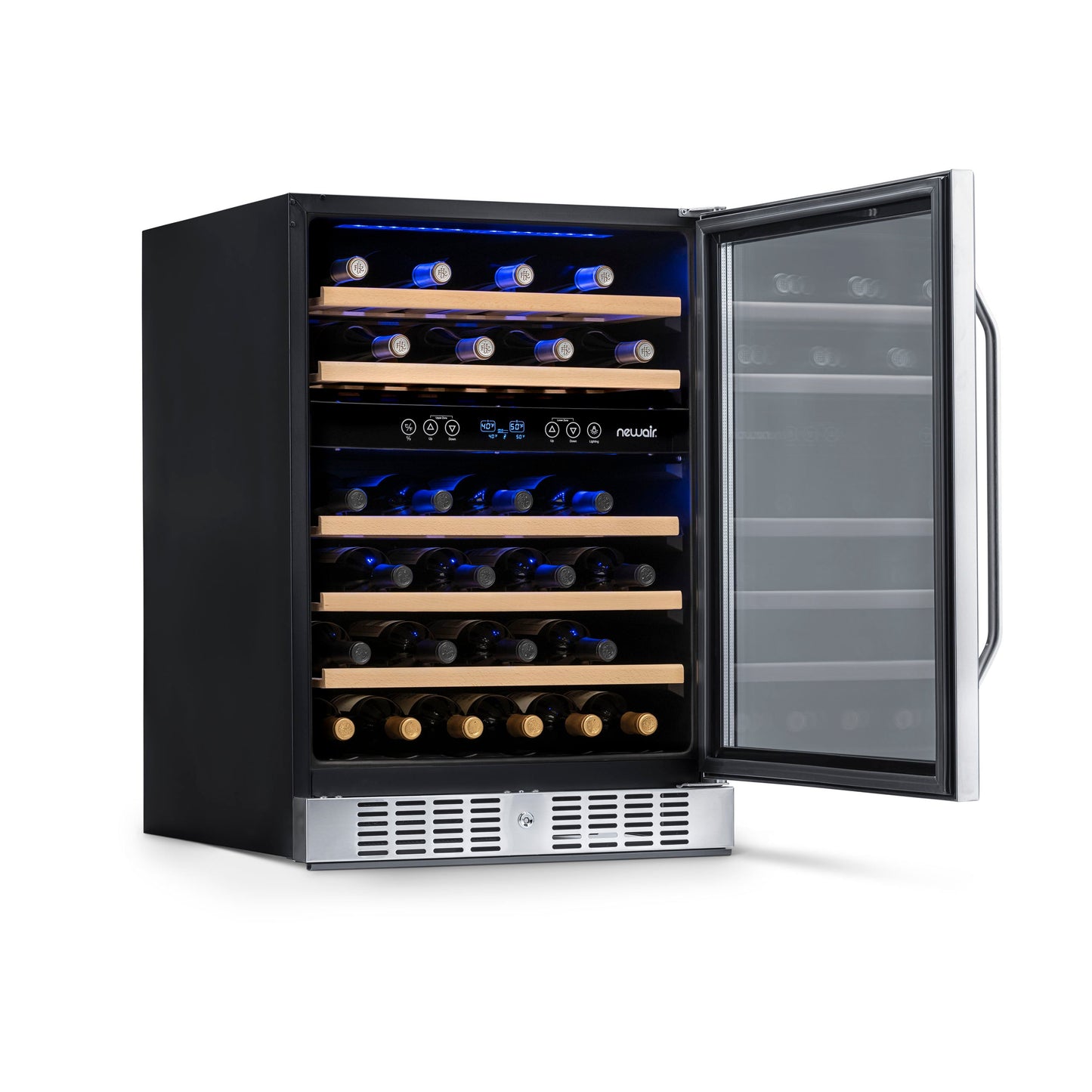 Newair  24” Built-in 46 Bottle Dual Zone Wine Fridge in Stainless Steel, Quiet Operation with Beech Wood Shelves Wine Coolers No  --- Non Recessed Kickplate