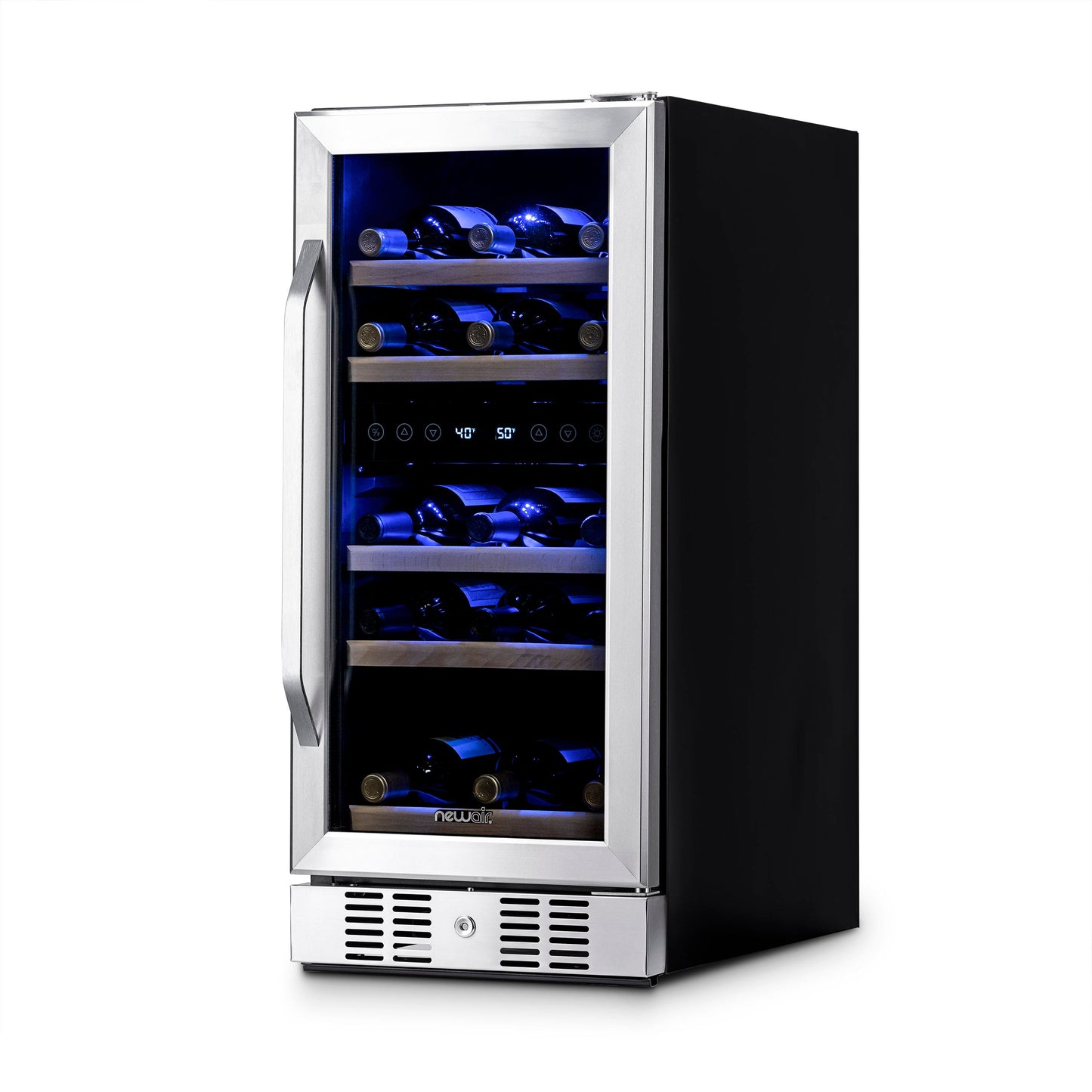 Newair 15” Built-in 29 Bottle Dual Zone Wine Fridge in Stainless Steel, Quiet Operation with Beech Wood Shelves Wine Coolers  ---  Non Recessed Kickplate