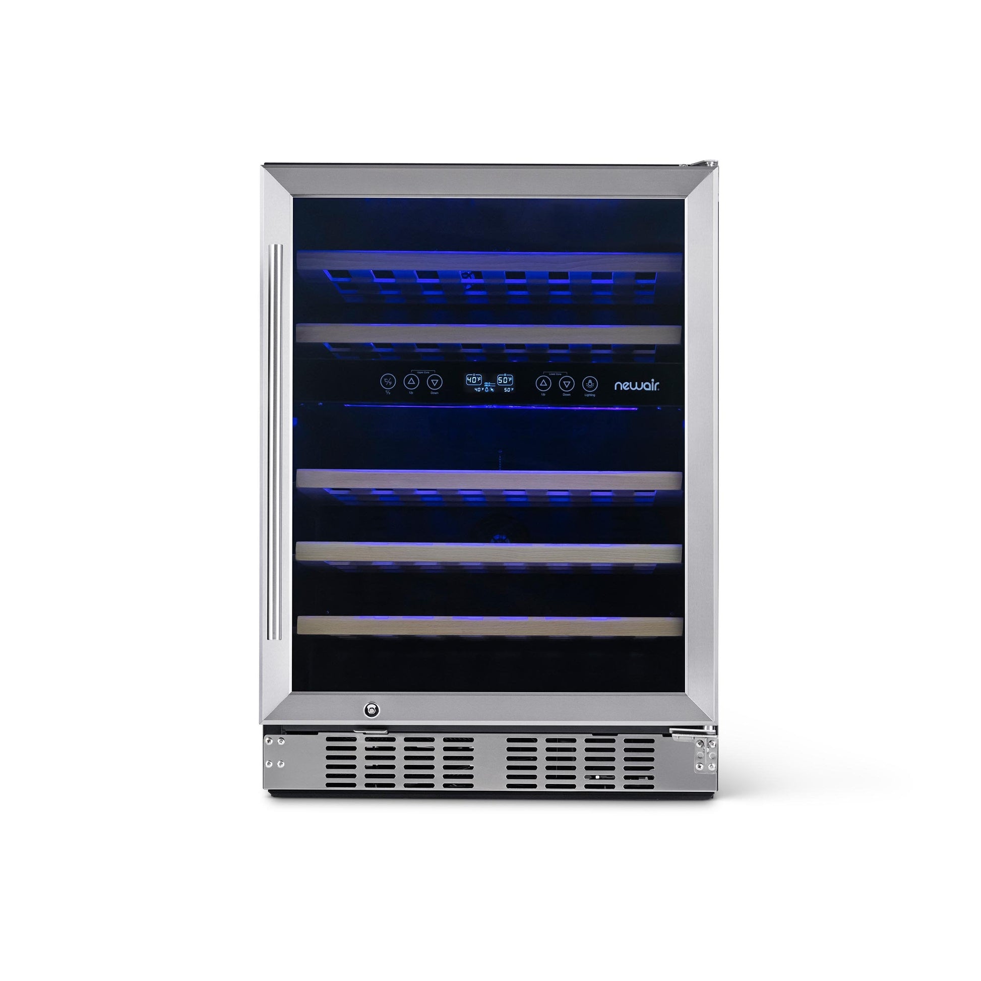 Newair  24” Built-in 46 Bottle Dual Zone Wine Fridge in Stainless Steel, Quiet Operation with Beech Wood Shelves Wine Coolers  Yes  --- Recessed Kickplate