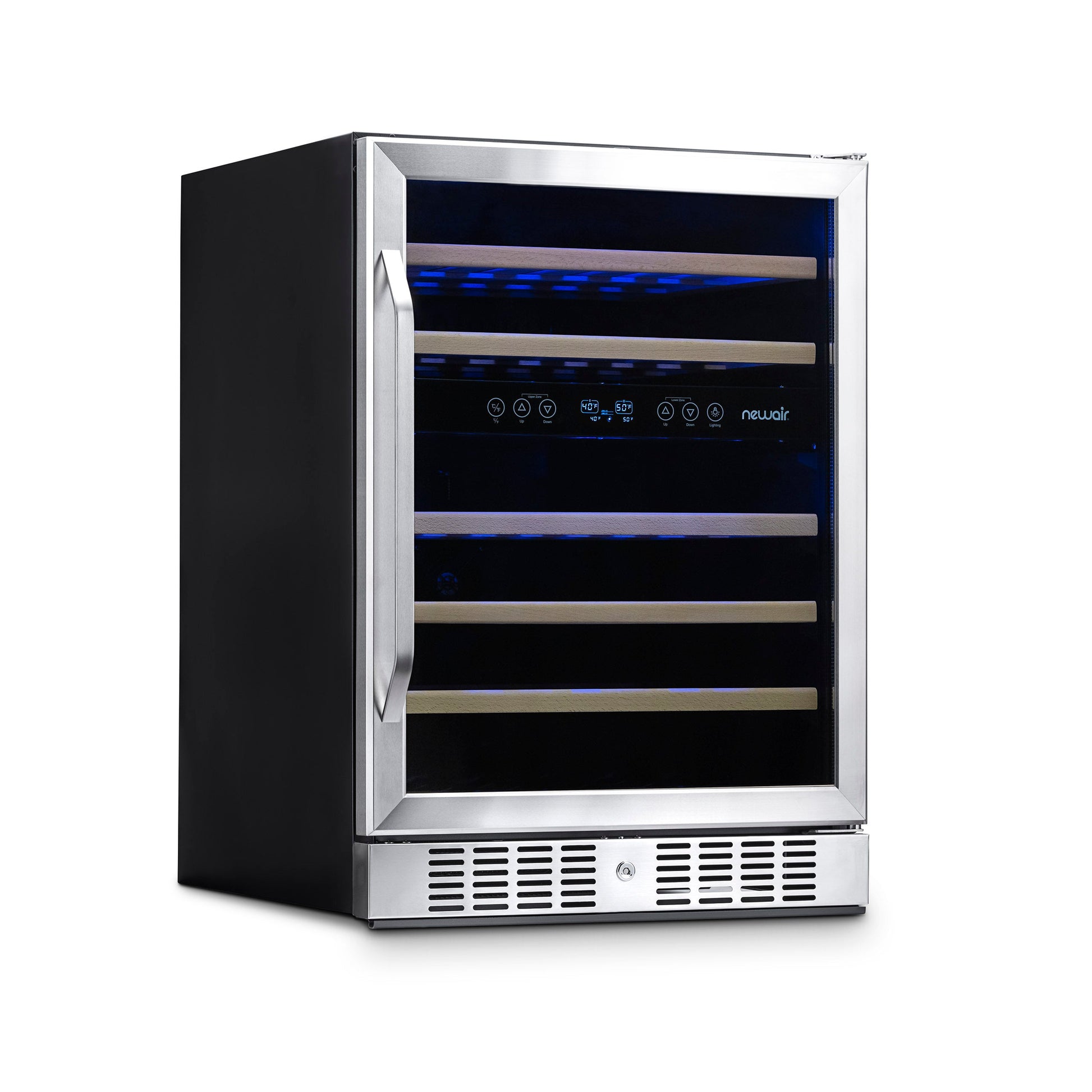 Newair  24” Built-in 46 Bottle Dual Zone Wine Fridge in Stainless Steel, Quiet Operation with Beech Wood Shelves Wine Coolers No  --- Non Recessed Kickplate