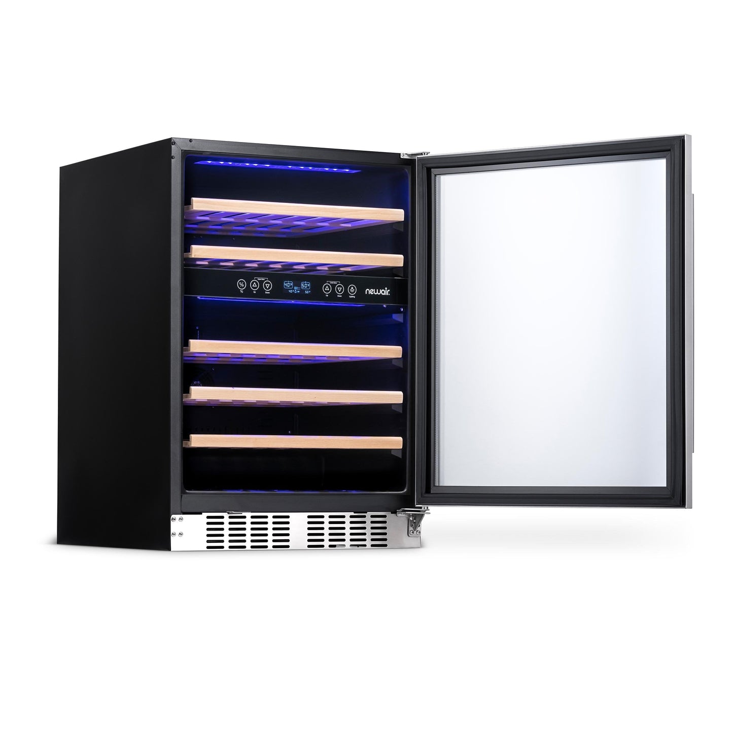 Newair  24” Built-in 46 Bottle Dual Zone Wine Fridge in Stainless Steel, Quiet Operation with Beech Wood Shelves Wine Coolers Yes --- Recessed Kickplate