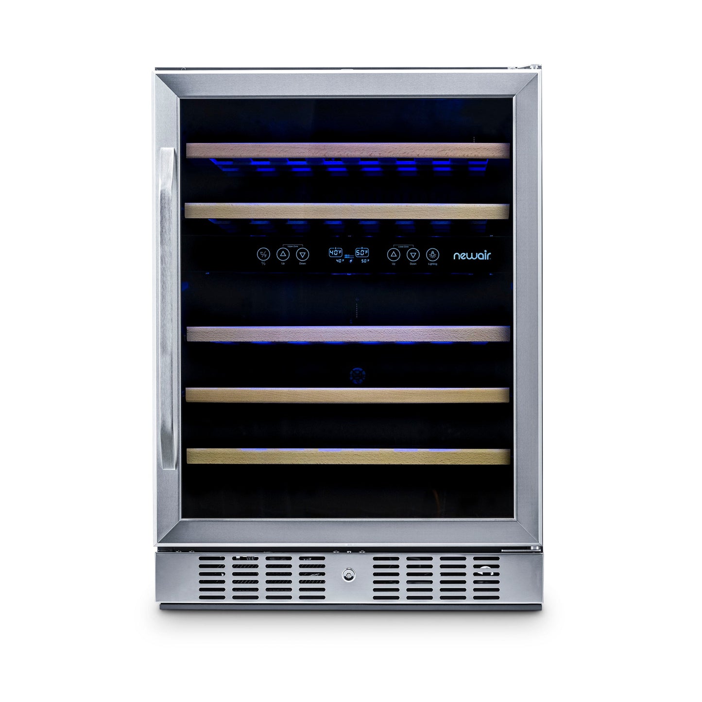 Newair  24” Built-in 46 Bottle Dual Zone Wine Fridge in Stainless Steel, Quiet Operation with Beech Wood Shelves Wine Coolers No  --- Non Recessed Kickplate