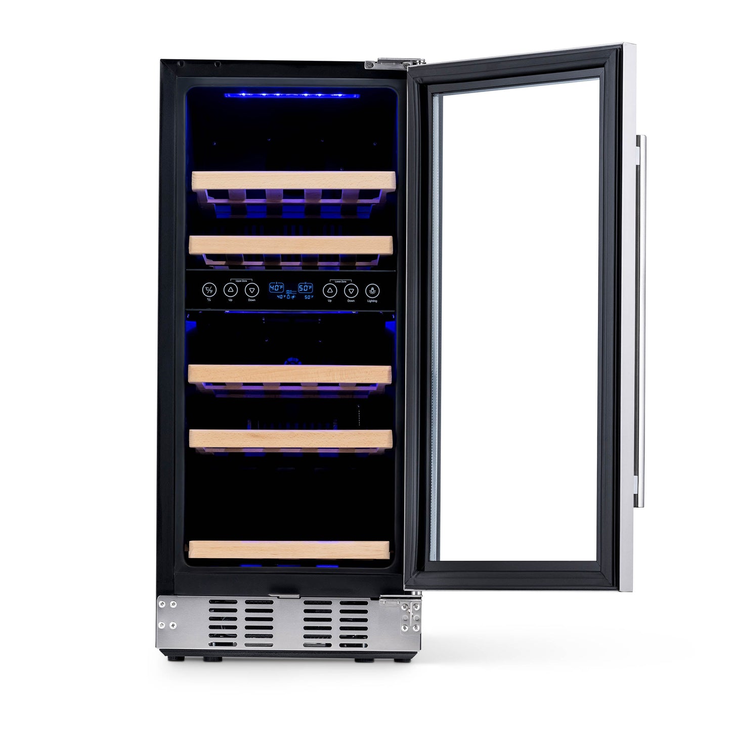 Newair 15” Built-in 29 Bottle Dual Zone Wine Fridge in Stainless Steel, Quiet Operation with Beech Wood Shelves Wine Coolers    ---  Recessed Kickplate