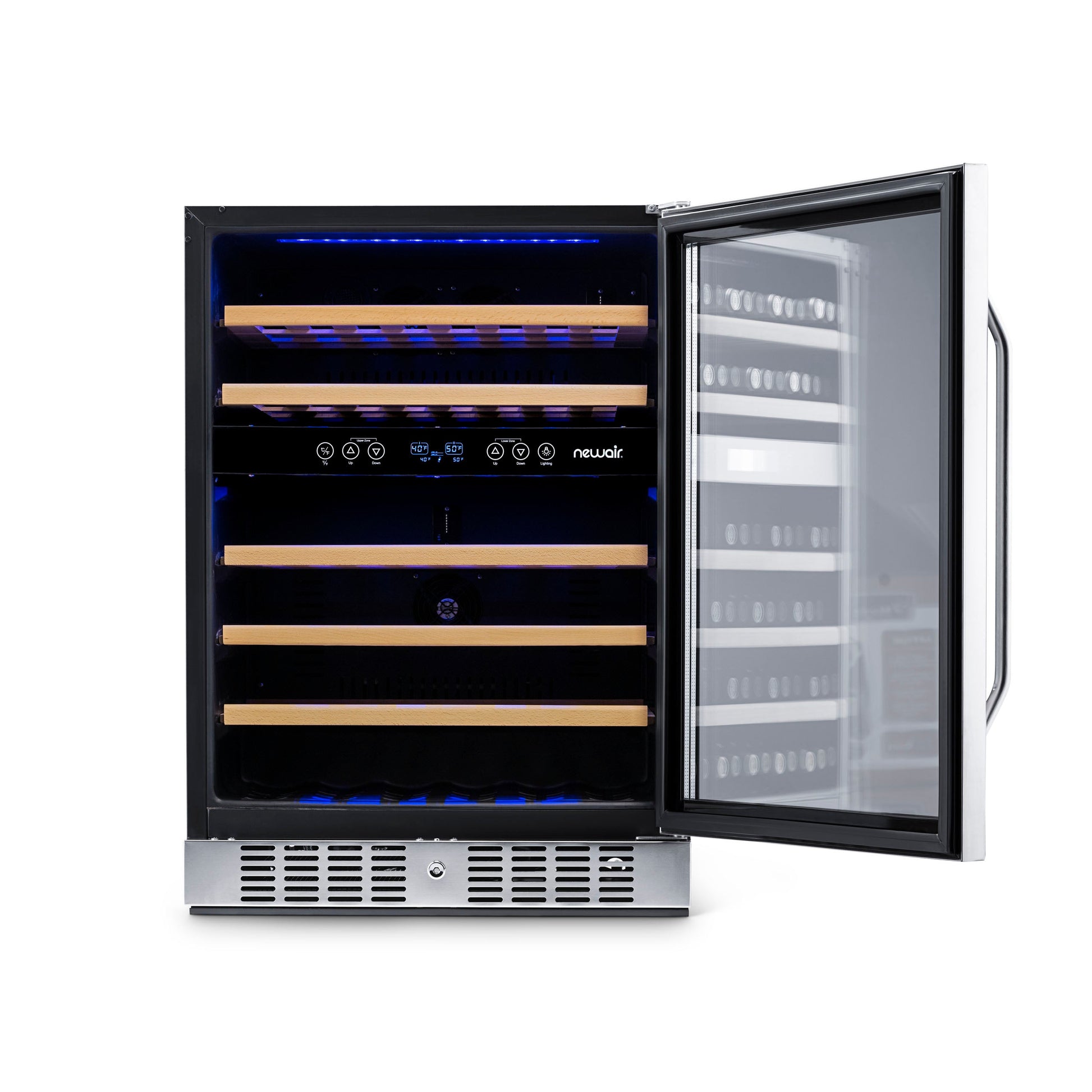 Newair  24” Built-in 46 Bottle Dual Zone Wine Fridge in Stainless Steel, Quiet Operation with Beech Wood Shelves Wine Coolers No  --- Non Recessed Kickplate