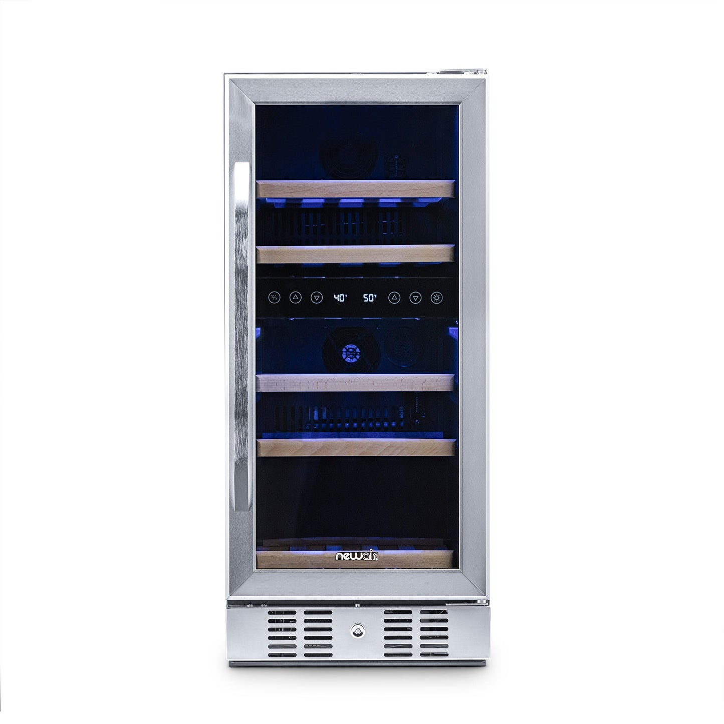 Newair 15” Built-in 29 Bottle Dual Zone Wine Fridge in Stainless Steel, Quiet Operation with Beech Wood Shelves Wine Coolers    ---  Non Recessed Kickplate