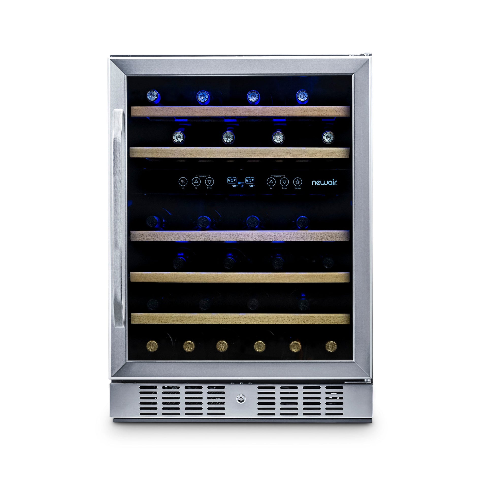 Newair  24” Built-in 46 Bottle Dual Zone Wine Fridge in Stainless Steel, Quiet Operation with Beech Wood Shelves Wine Coolers No --- non Recessed Kickplate