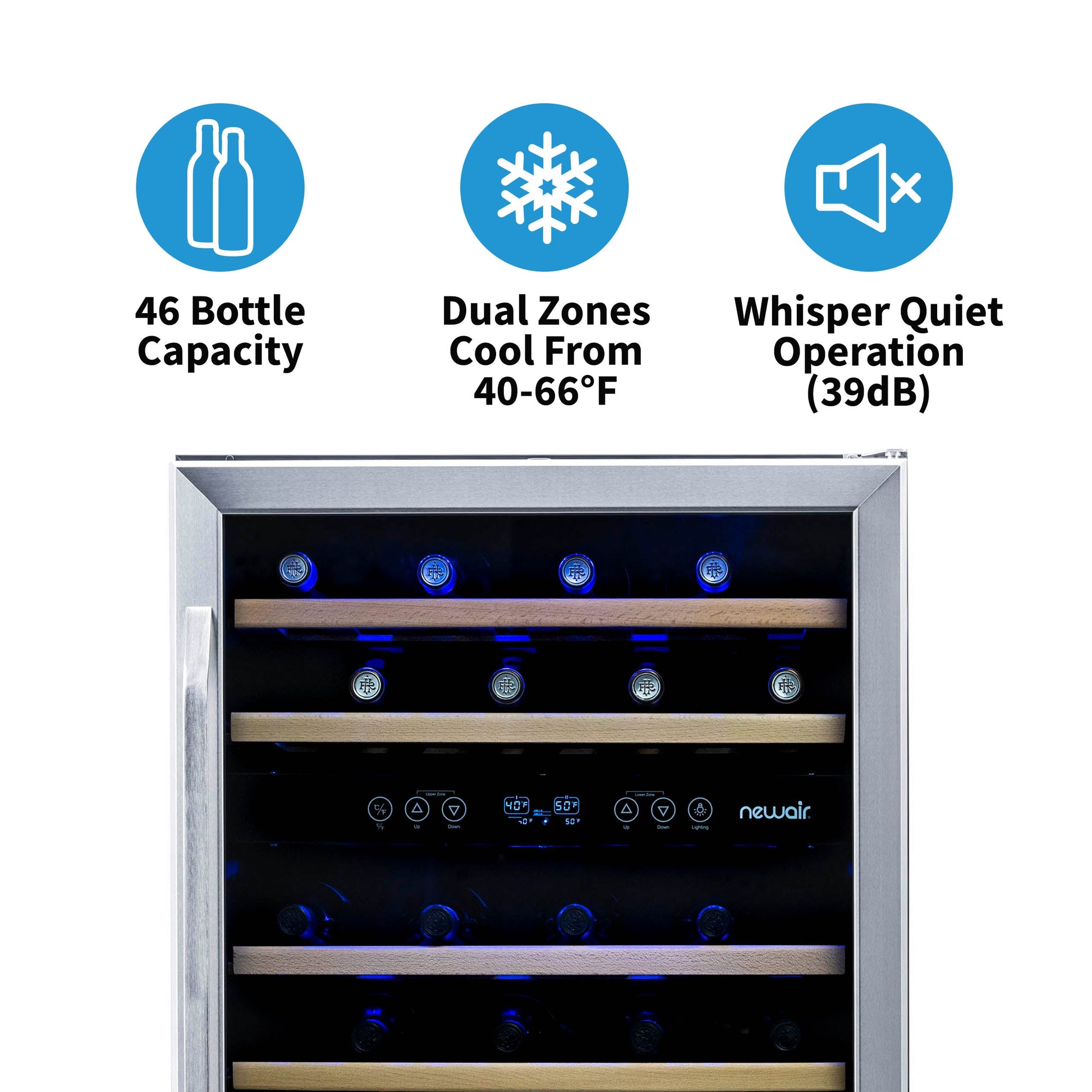 Newair  24” Built-in 46 Bottle Dual Zone Wine Fridge in Stainless Steel, Quiet Operation with Beech Wood Shelves Wine Coolers    