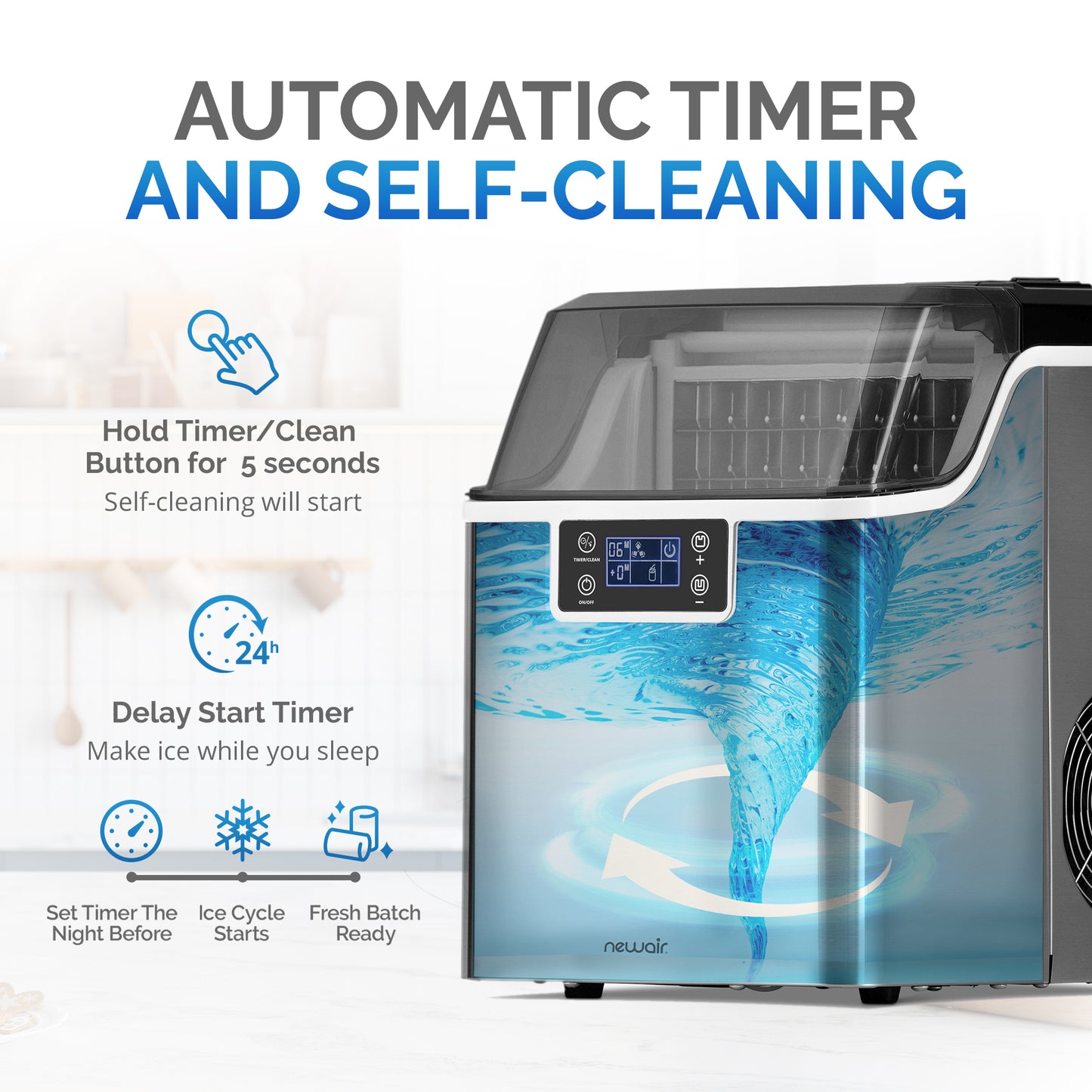 Newair Countertop Clear Ice Maker, 45 lbs. of Ice a Day with FrozenFallTM Technology, Custom Ice Thickness Settings, 1-Gallon Water Bottle Dispenser, 24-Hour Timer, Automatic Self-Cleaning Function, BPA-Free Parts and Oversized Ice Viewing Window Ice Makers 