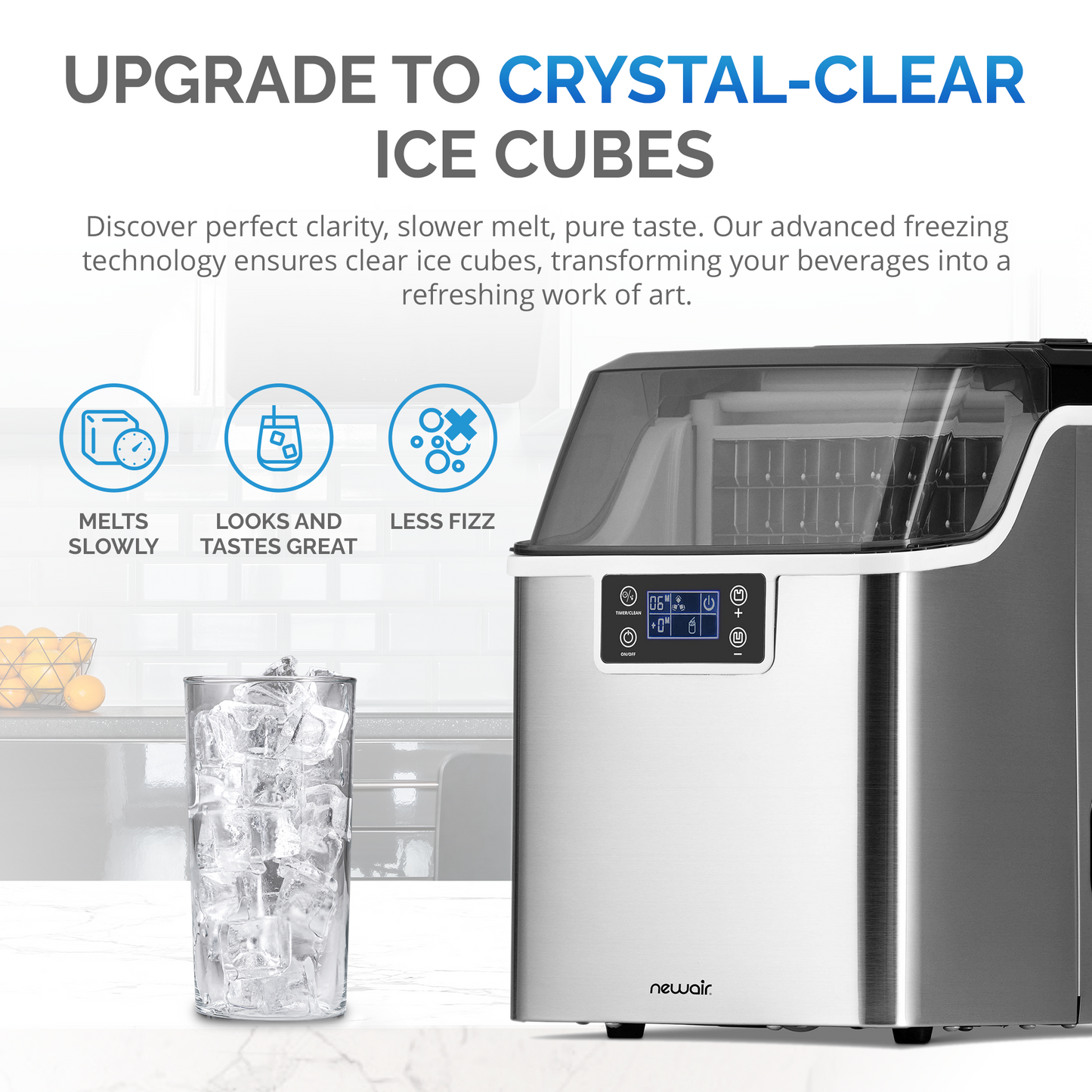 Newair Countertop Clear Ice Maker, 45 lbs. of Ice a Day with FrozenFallTM Technology, Custom Ice Thickness Settings, 1-Gallon Water Bottle Dispenser, 24-Hour Timer, Automatic Self-Cleaning Function, BPA-Free Parts and Oversized Ice Viewing Window Ice Makers