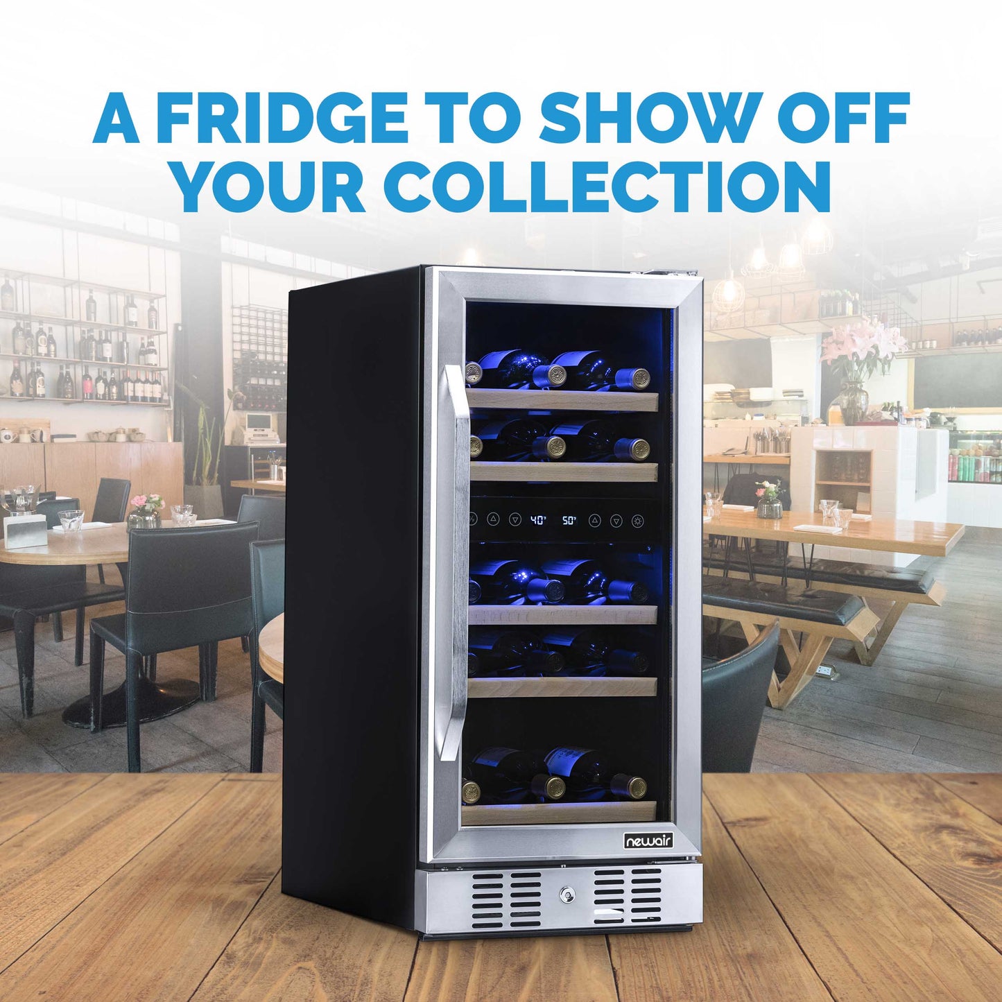 Newair 15” Built-in 29 Bottle Dual Zone Wine Fridge in Stainless Steel, Quiet Operation with Beech Wood Shelves Wine Coolers    ---  Non Recessed Kickplate