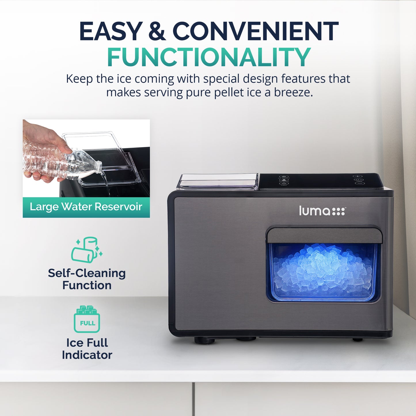 Luma® Countertop Ice Maker. Nugget Ice, 44 lbs/day - Black Stainless Steel