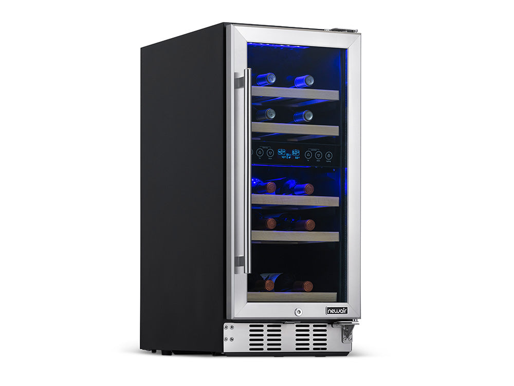 Newair 15” Built-in 29 Bottle Dual Zone Wine Fridge in Stainless Steel, Quiet Operation with Beech Wood Shelves Wine Coolers    ---  Recessed Kickplate