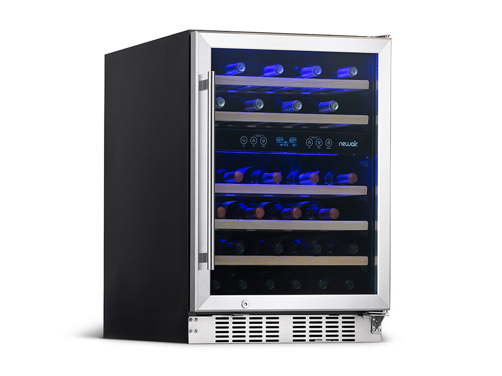 Newair  24” Built-in 46 Bottle Dual Zone Wine Fridge  in Stainless Steel, Quiet Operation with Beech Wood Shelves Wine Coolers Yes  ---  Recessed Kickplate