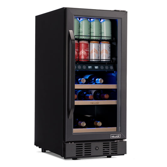 Newair 15 Inch Wine and Beverage Refrigerator – 13 Bottles & 48 Cans Capacity with Dual Temperature Zone Wine Cooler, Black Stainless Steel & Double-Layer Tempered Glass Door, Compact Wine Cellar Built-in Counter or Freestanding Fridge Wine Fridge    