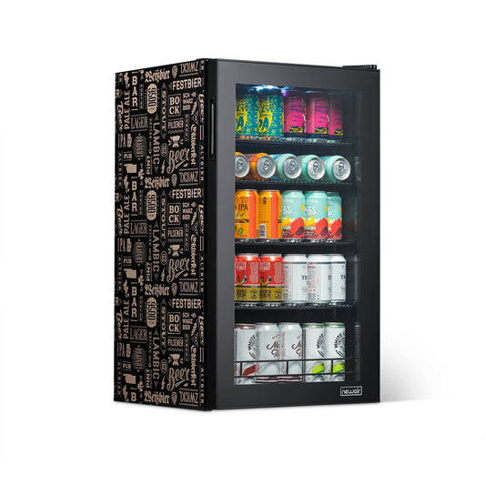 Newair “Beers of the World” Custom Designed Freestanding 126 Can Beer Fridge with SplitShelf™ Beverage Fridge