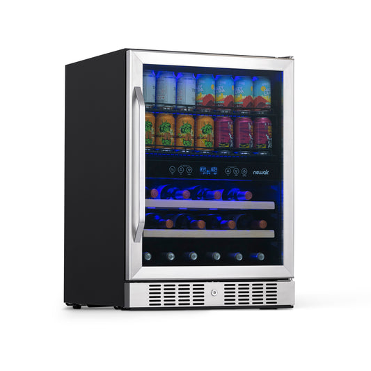 Newair 24” Built-in Dual Zone 20 Bottle and 70 Can Wine and Beverage Fridge in Stainless Steel with SplitShelf™ and Smooth Rolling Shelves Wine Coolers