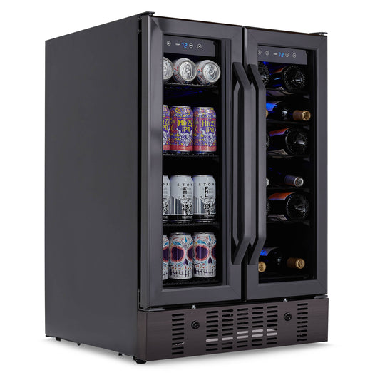 Newair 24” Built-in Dual Zone 18 Bottle and 58 Can Wine and Beverage Refrigerator and Cooler in Black Stainless Steel with French Doors and Adjustable Shelves Beverage Fridge