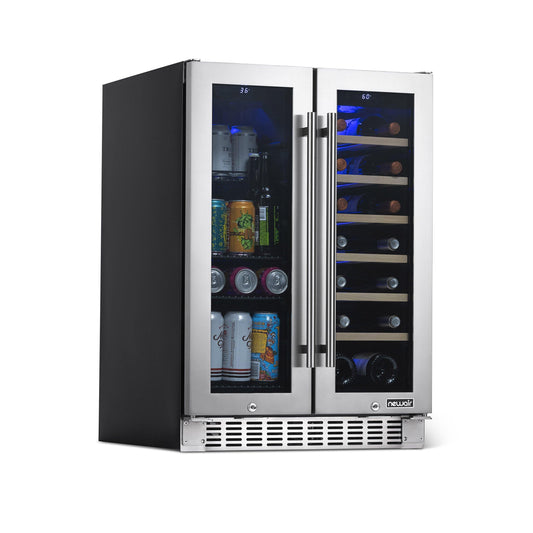 Newair 24” Premium Built-in Dual Zone 20 Bottle and 60 Can French Door Wine and Beverage Fridge in Stainless Steel with SplitShelf™ and Beech Wood Shelves Beverage Fridge