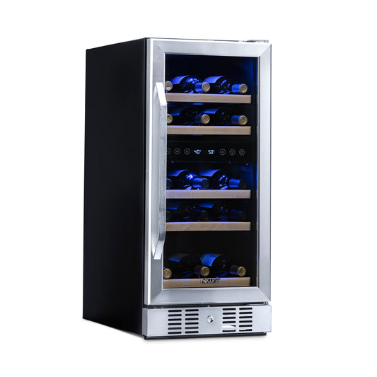 Newair 15” Built-in 29 Bottle Dual Zone Wine Fridge in Stainless Steel, Quiet Operation with Beech Wood Shelves Wine Coolers    ---  Non Recessed Kickplate